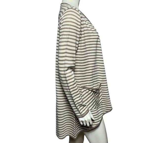 For Cynthia Long Cardigan Tan Stripe Open Front Lightweight Sweater Size L - Picture 4 of 9